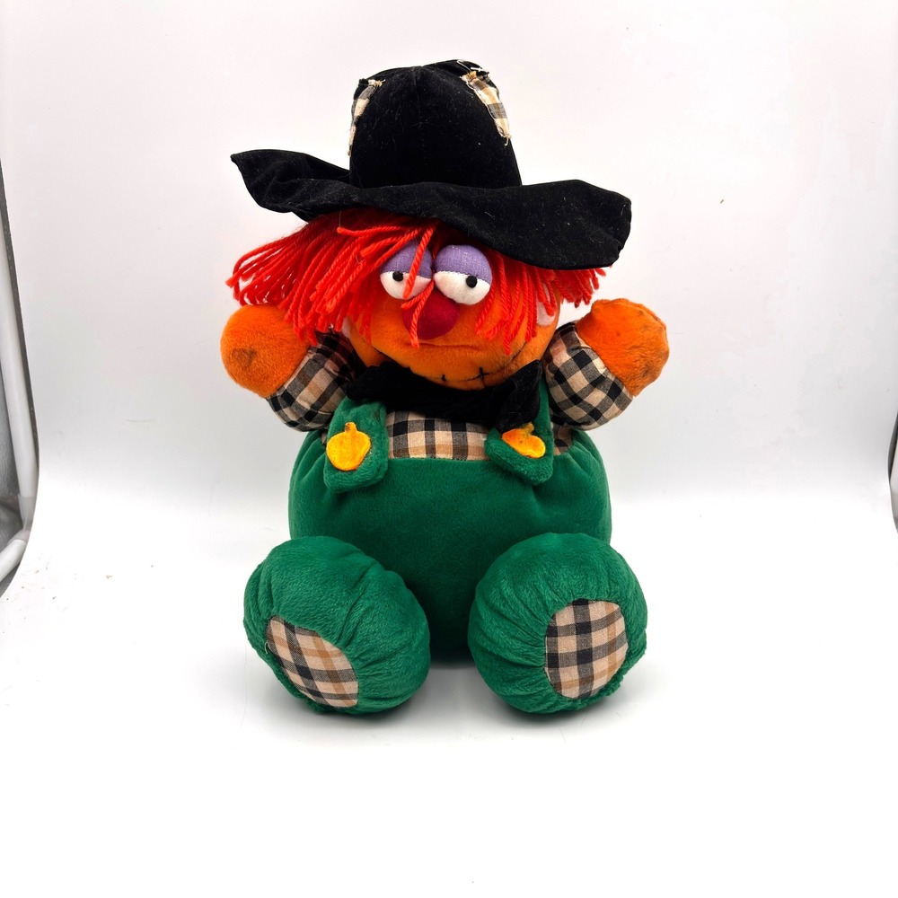 Fiesta 12 Inch‎ Halloween Plush Scarecrow Orange Hair Black Hat Green Overalls